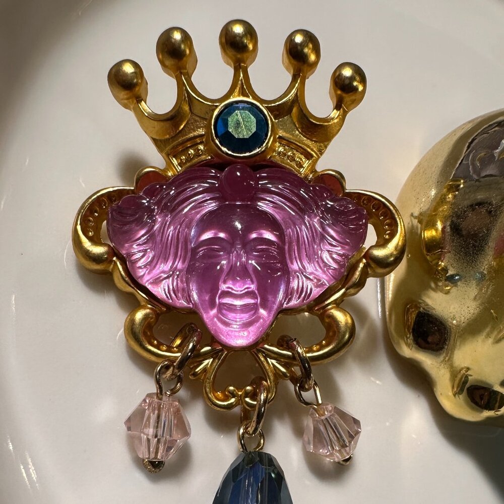 Vintage Gold Crown Pink Cameo Statement Earrings with Crystal Drops _ special